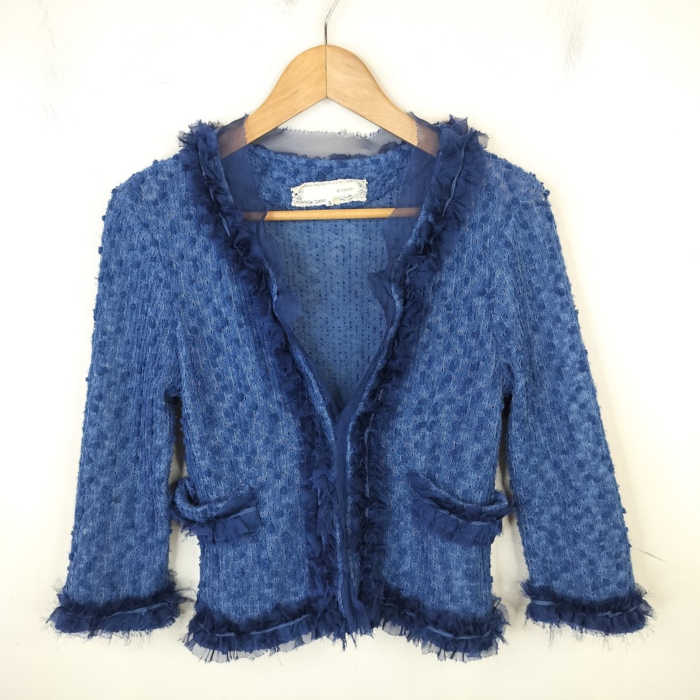 a'reve Cardigan Womens Small Ruffle Chiffon Trim Textured Boho Chic Goth Artsy